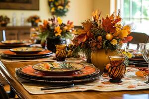 Autumnal Table Setting with Fall Foliage Centerpiece photo