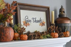 Thanksgiving Decor with Pumpkins, Pine Cones, and a Give Thanks Sign photo