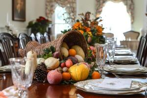 Thanksgiving Table Setting with Cornucopia of Fall Fruits photo