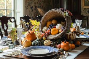 Thanksgiving Table Setting with Cornucopia and Gourds photo