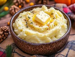 A Bowl of Mashed Potatoes with Butter, Thyme, and Pepper photo