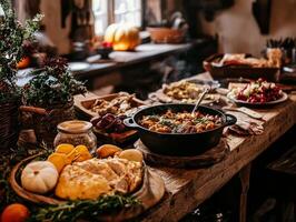 Rustic Farmhouse Table Setting with Cast Iron Pot and Bread photo