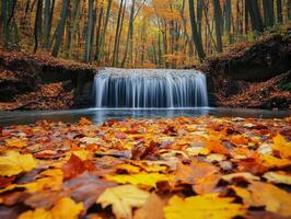 A small waterfall cascading through a lush forest in autumn, with fallen leaves covering the ground. photo