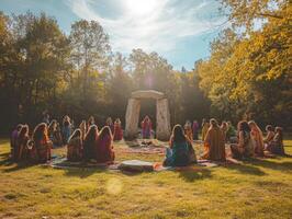 A Gathering of People in a Circle Before a Stone Archway in a Forest photo