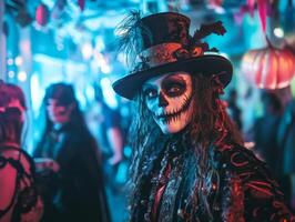 A Person Wearing a Skull Makeup and Top Hat at a Halloween Party photo