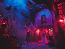 A Haunted Halloween Scene with Figures in a Smoky, Neon-Lit Building photo