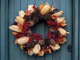 Fall Wreath Decorated with Pine Cones, Dried Corn Husks, and Red Berries on a Teal Door photo