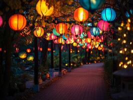 Illuminated Pathway with Colorful Lanterns and String Lights photo