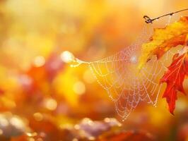 Dew-Covered Spiderweb with Autumn Leaves and Bokeh photo
