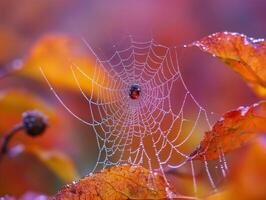 Dew-Covered Spiderweb with a Single Red Bug in a Soft Autumnal Background photo
