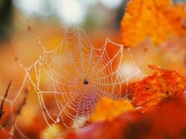 Dew-Covered Spiderweb with a Tiny Spider in Autumn Foliage photo