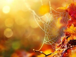 Dew-Covered Spiderweb with Autumn Leaves and Bokeh photo