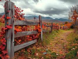 Rustic Wooden Fence with Autumn Leaves and a Path Leading Through a Mountainous Landscape photo