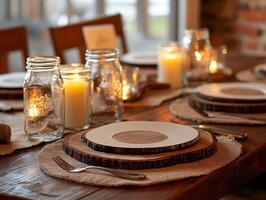 A Rustic Table Setting with Candles, Wooden Coasters, and Burlap Placemats photo