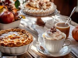 A Rustic Table Setting Featuring Homemade Pumpkin Pie and a Cup of Coffee photo