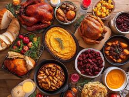 A Thanksgiving Feast with Roasted Turkey, Stuffing, and Side Dishes photo