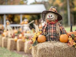 Scarecrow with Pumpkins and Hay Bales in a Fall Setting photo