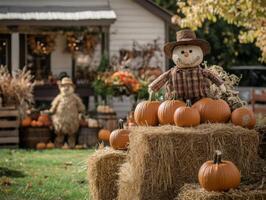 A Cheerful Scarecrow Standing with Pumpkins on Hay Bales photo