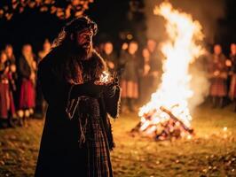 Bearded Man in Plaid Kilt Holds Burning Branch Before Bonfire photo