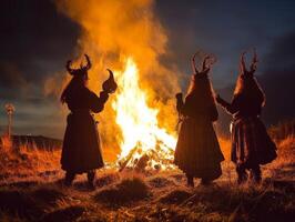 Three Silhouetted Figures Standing Before a Large Bonfire at Night photo