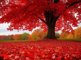 A Large Red Tree Stands Tall Amidst a Blanket of Fallen Autumn Leaves photo