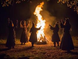 Four Silhouettes Dancing Around a Bonfire in the Night photo