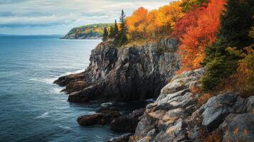Rocky Coastline with Autumn Foliage and Ocean View photo