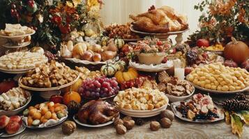 A Table Spread with an Abundance of Thanksgiving Dishes photo