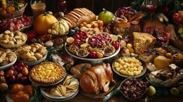 A Feast Spread with Roasted Turkey, Bread, and Fruit photo