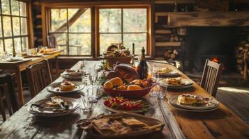 Leftover Thanksgiving Dinner on a Rustic Table in a Cabin photo