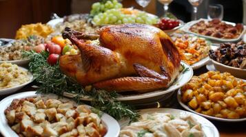 Roasted Turkey and Side Dishes on a Festive Table photo