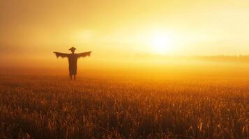 A lone scarecrow stands in a field of tall grass bathed in the golden light of sunrise. photo