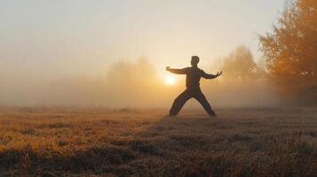 Silhouette of a Man Practicing Tai Chi in a Foggy Meadow at Sunrise photo