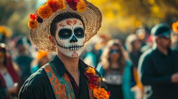 Portrait of a Man with Day of the Dead Makeup and Flowers photo