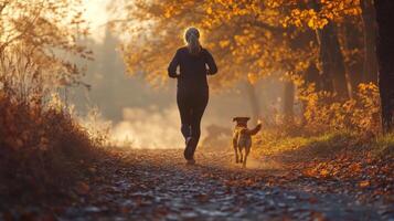 Woman and Dog Running on a Path in Autumn Forest photo