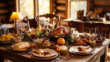 Thanksgiving Table Setting with Roasted Turkey and Sides photo