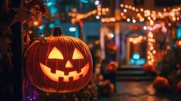 Glowing Jack-o'-lantern with a Festive Background of Bokeh Lights photo