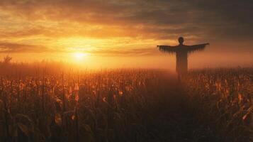 Silhouette of a Scarecrow Standing in a Foggy Cornfield at Sunset photo
