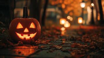 A Lit Jack-o'-Lantern on a Pathway with Autumn Leaves photo