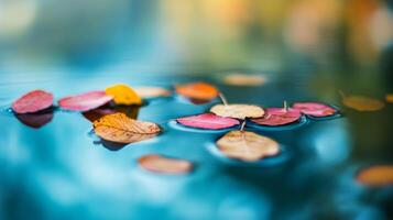 Autumn Leaves Floating on a Blue Water Surface photo