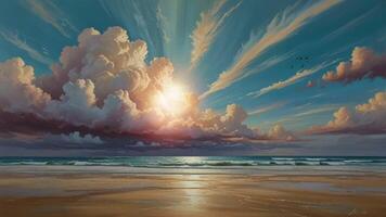 A serene beach scene at sunset with dramatic, towering clouds reflecting on the wet sand. The sky transitions from blue to pink, and gentle waves roll onto the shore video