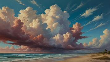 A serene beach scene at sunset with dramatic, towering clouds reflecting on the wet sand. The sky transitions from blue to pink, and gentle waves roll onto the shore video