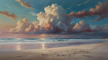A serene beach scene at sunset with dramatic, towering clouds reflecting on the wet sand. The sky transitions from blue to pink, and gentle waves roll onto the shore video