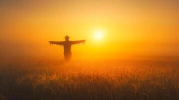 A Silhouetted Scarecrow Standing in a Misty Field at Sunset photo