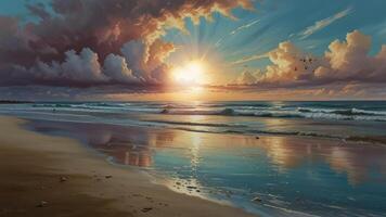A serene beach scene at sunset with dramatic, towering clouds reflecting on the wet sand. The sky transitions from blue to pink, and gentle waves roll onto the shore video