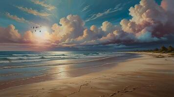 A serene beach scene at sunset with dramatic, towering clouds reflecting on the wet sand. The sky transitions from blue to pink, and gentle waves roll onto the shore video