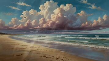 A serene beach scene at sunset with dramatic, towering clouds reflecting on the wet sand. The sky transitions from blue to pink, and gentle waves roll onto the shore video