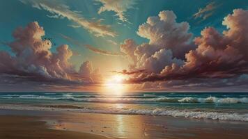 A serene beach scene at sunset with dramatic, towering clouds reflecting on the wet sand. The sky transitions from blue to pink, and gentle waves roll onto the shore video