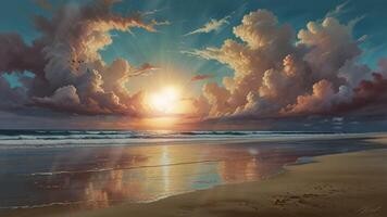 A serene beach scene at sunset with dramatic, towering clouds reflecting on the wet sand. The sky transitions from blue to pink, and gentle waves roll onto the shore video