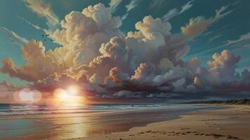 A serene beach scene at sunset with dramatic, towering clouds reflecting on the wet sand. The sky transitions from blue to pink, and gentle waves roll onto the shore video